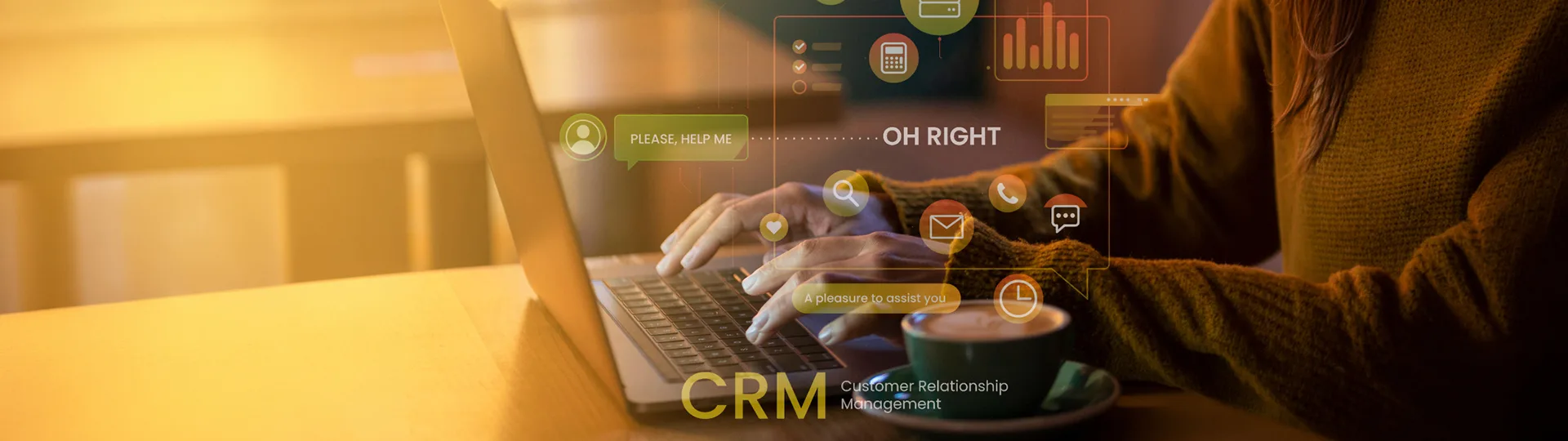 Person typing on a laptop as customer support chat, email and call icons float above, labelled CRM Customer Relationship Management