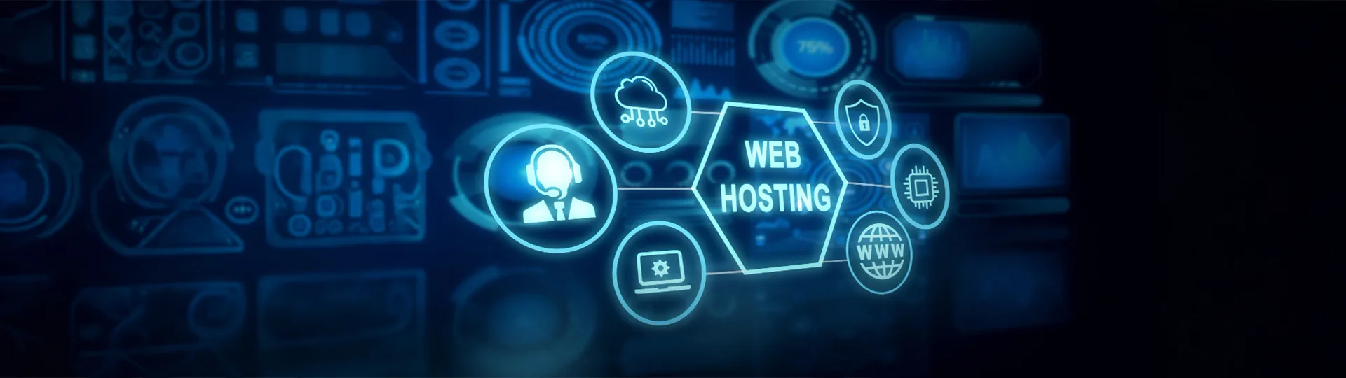 Glowing Web Hosting hexagon linked to cloud, support, security, server chip, www and settings icons