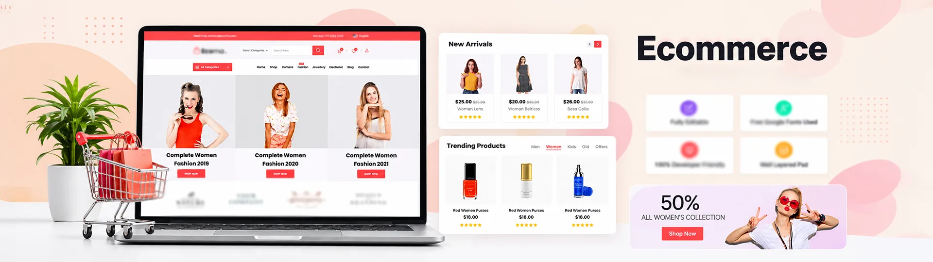 Ecommerce store design on a laptop with new arrivals, trending products and a 50% off women's collection banner