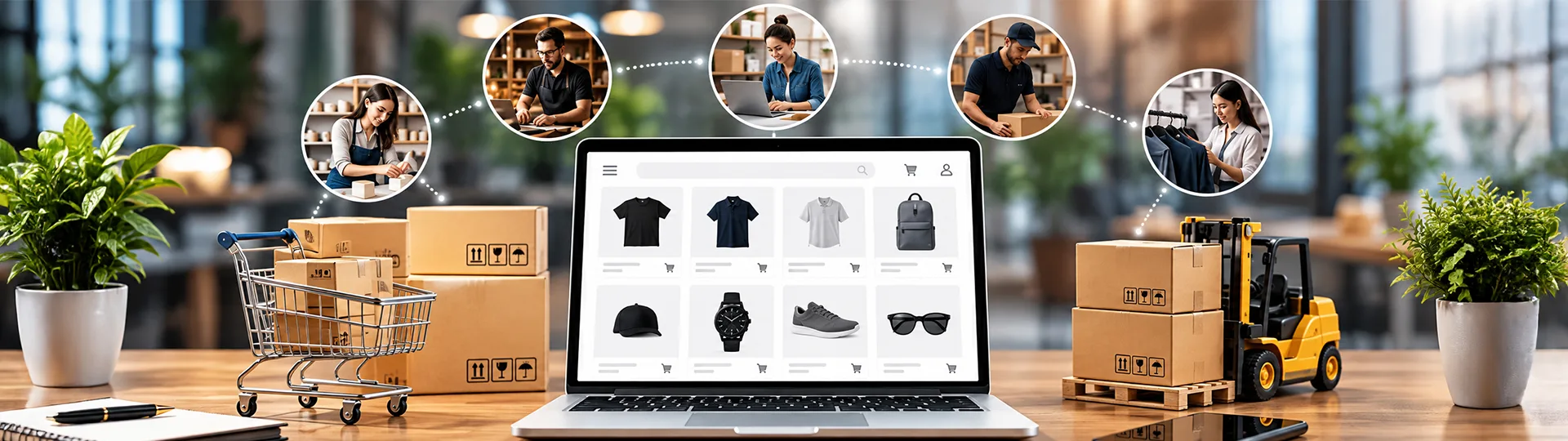 Laptop showing an online store of clothing and accessories, with shipping boxes, a shopping cart, a toy forklift and sellers packing orders