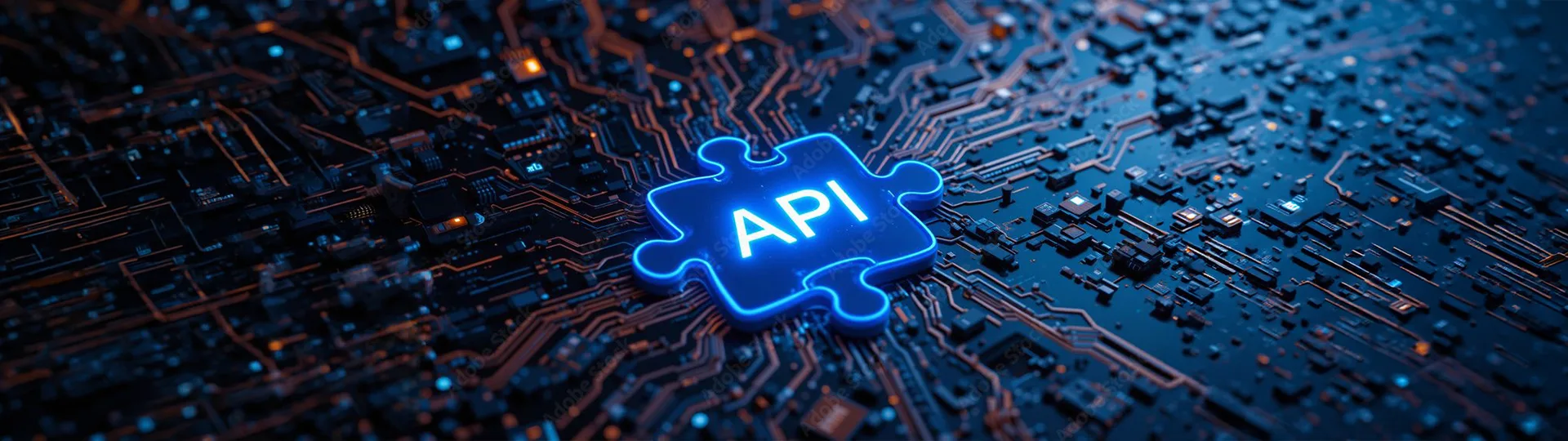 Glowing blue API puzzle piece set into a circuit board