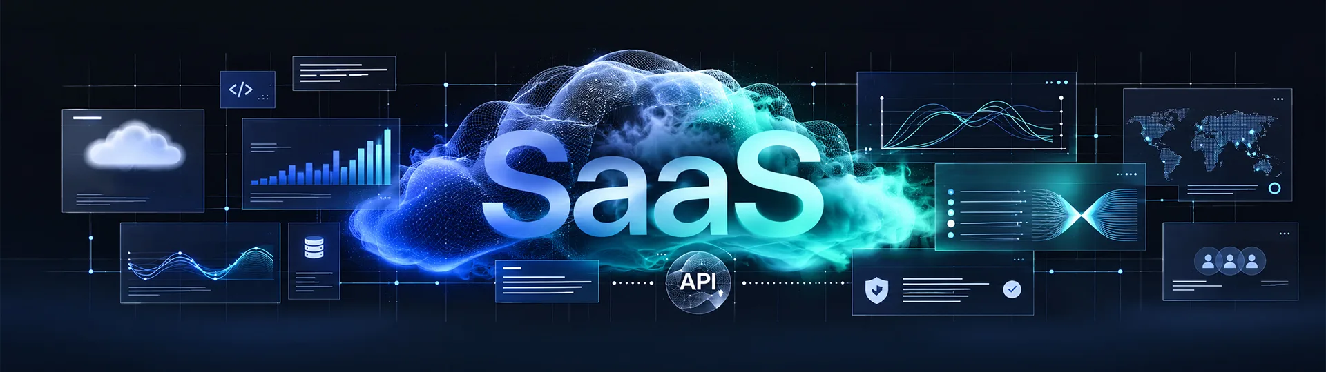 Glowing SaaS cloud linked to an API, surrounded by analytics, database, security and user dashboard panels