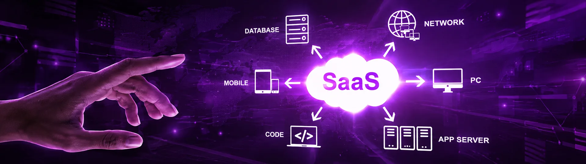Hand reaching toward a glowing SaaS cloud connected to database, network, mobile, PC, code and app server icons