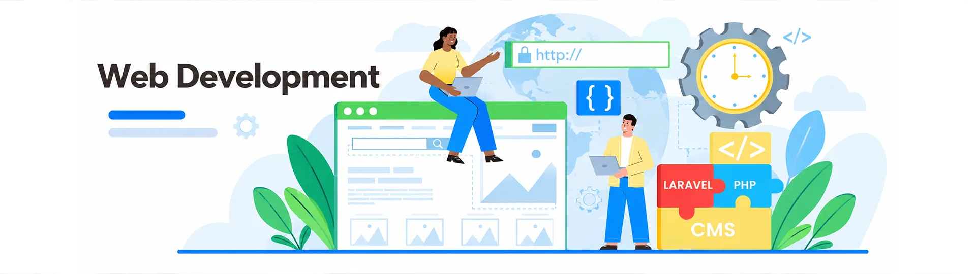 Illustration of two developers building a website, with a browser window, http address bar, code brackets and Laravel, PHP and CMS puzzle pieces