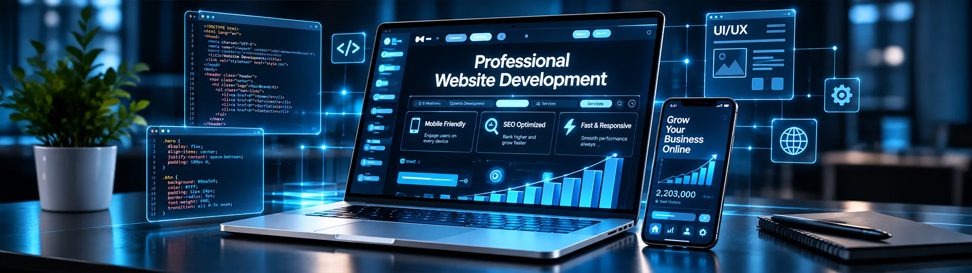 Laptop showing a Professional Website Development dashboard beside a phone, with floating code, UI/UX and settings panels