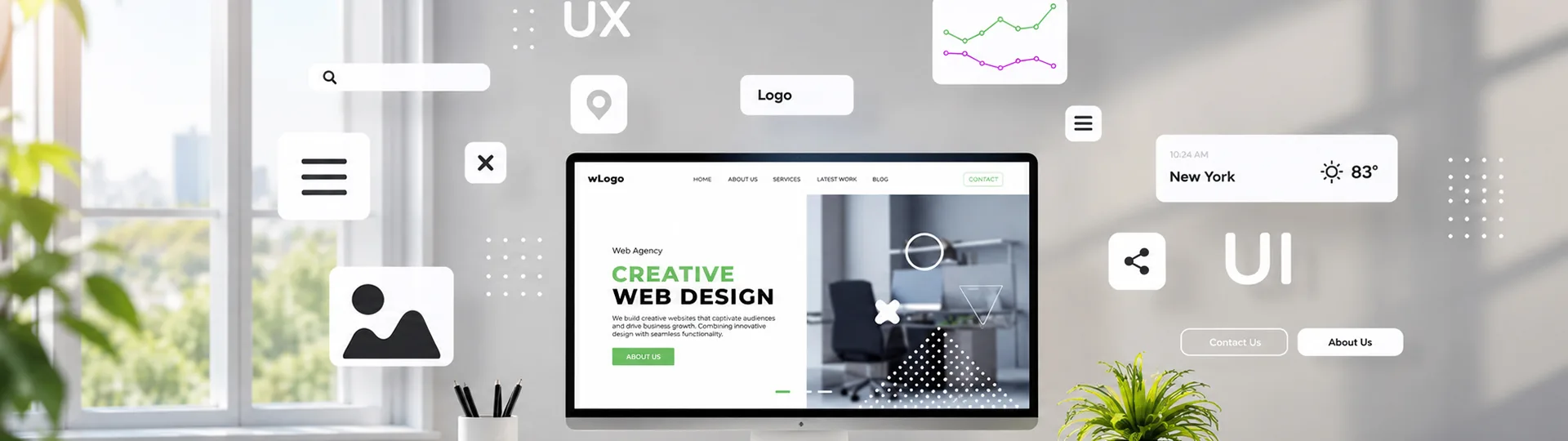 Desktop monitor showing a creative web design homepage, surrounded by floating UI and UX interface elements